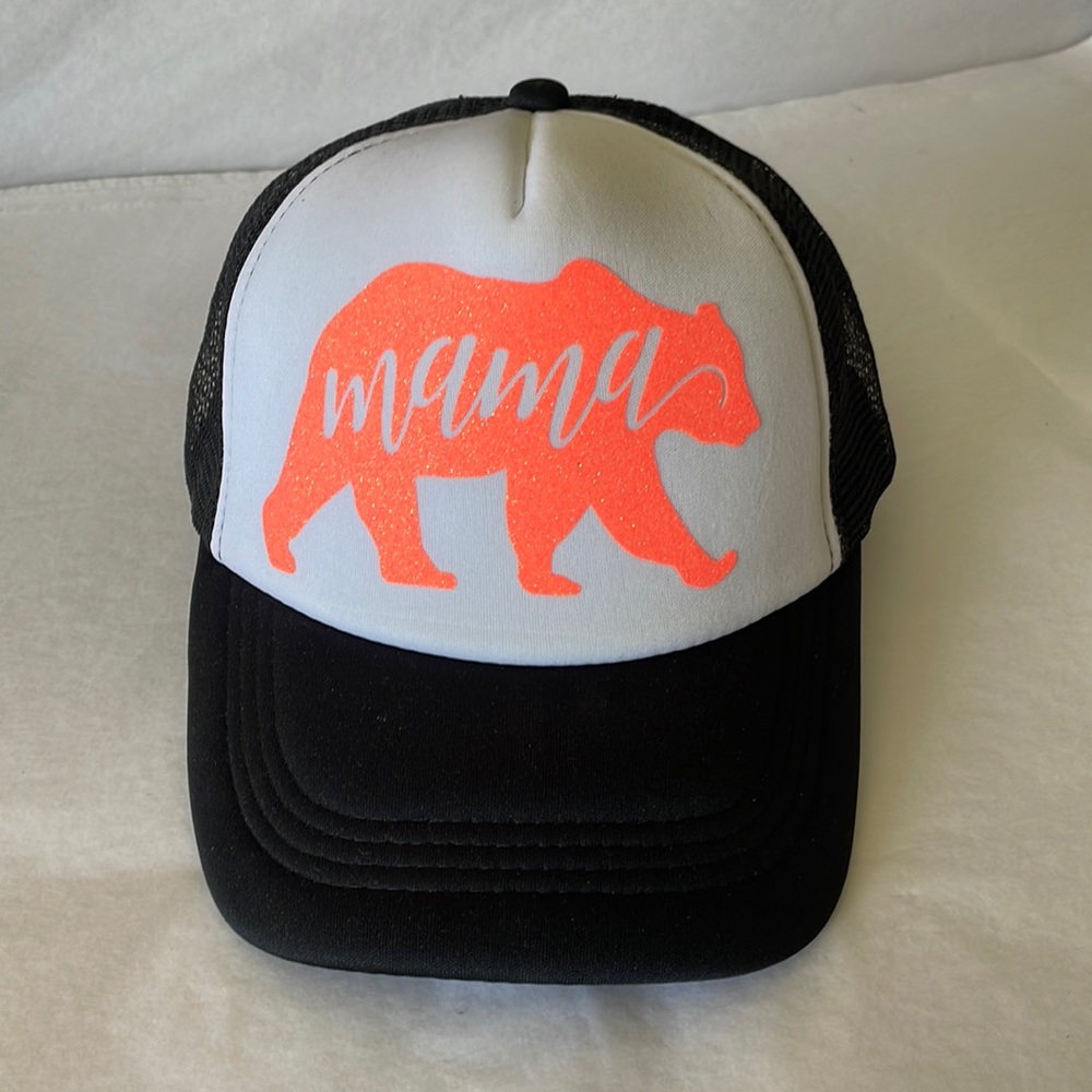 Trucker style‎ hat black and white with salmon color glitter mama bear de…